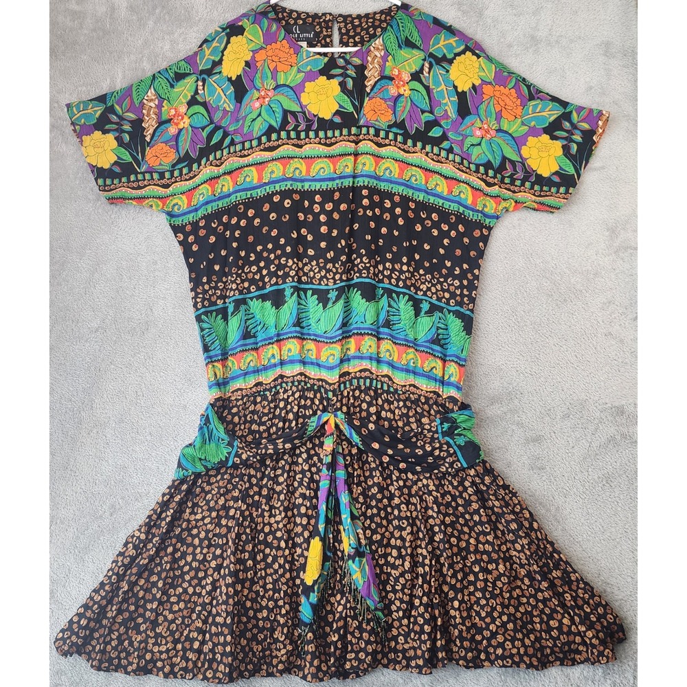 Carole Little Midi Dress Womens Size 12 Black Floral Print Boho 90s Vintage